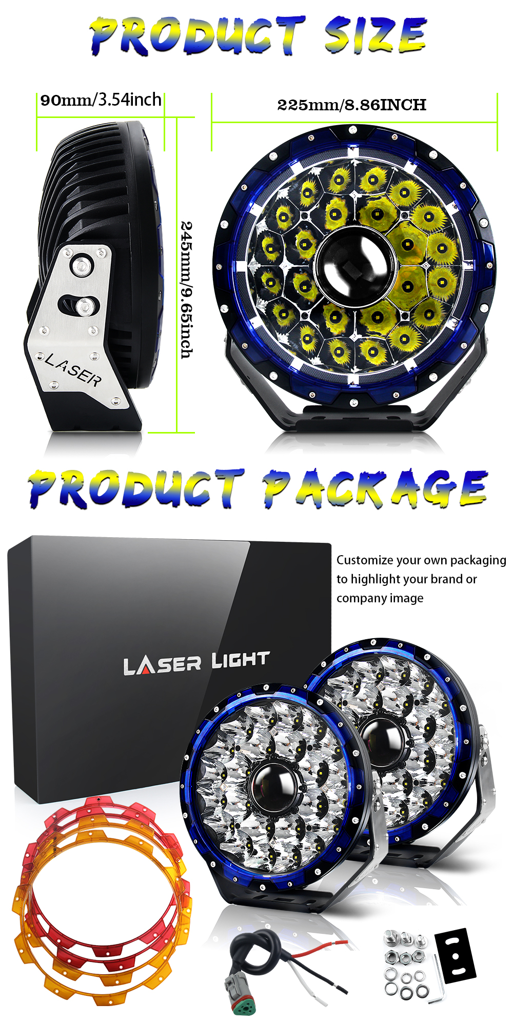 9 inch Laser Driving Light Three-color shell JG-L090 size